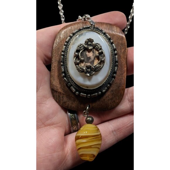 Vintage Handmade Victorian Mixed Media Pendant Necklace - Picture 1 of 8